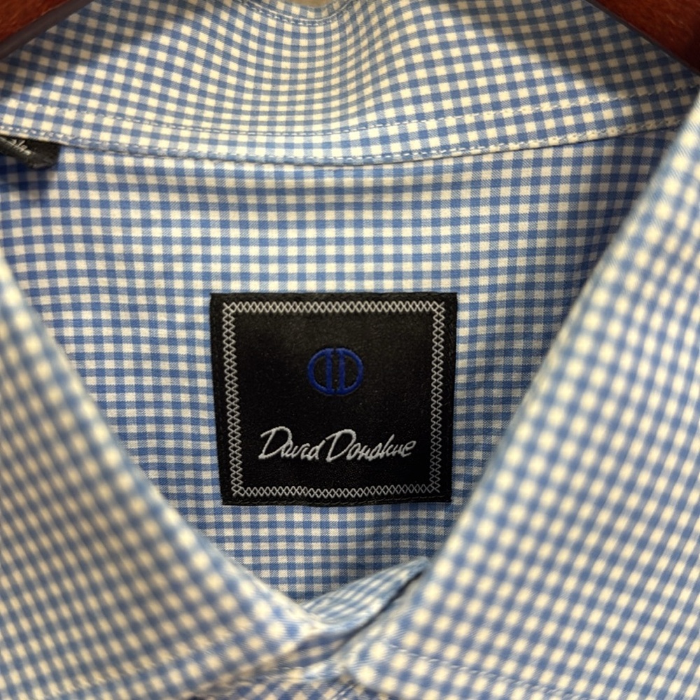 Men's David Donahue Blue Gingham Plaid Collared Dress Shirt. Size 16.5 - 32/33 - Picture 3 of 6